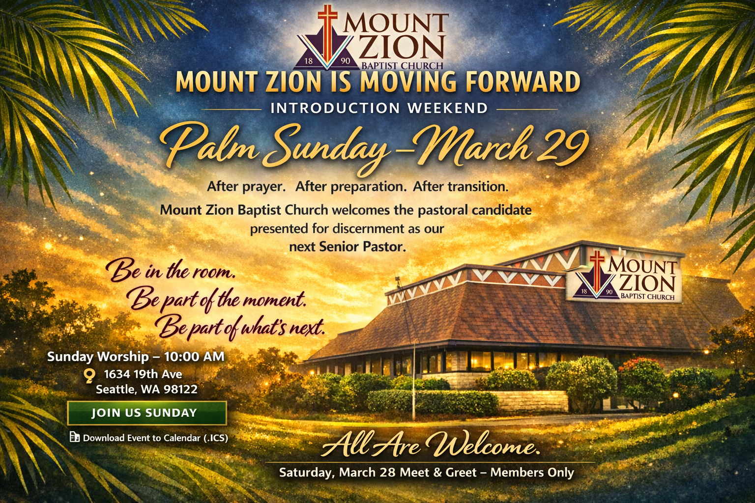 Mount Zion Introduction Weekend announcement artwork with Palm Sunday theme