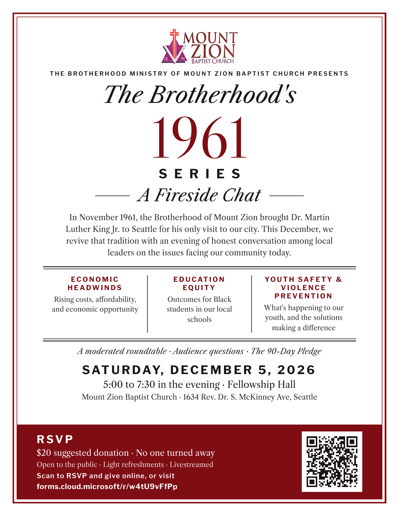 Flyer for the Brotherhood’s 1961 Series: A Fireside Chat, December 5, 2026, 5:00–7:30 PM. Full event details and RSVP link are provided alongside.